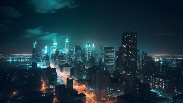 Stadslichten 's nachts Een verbluffende luchtfoto gegenereerd door AI