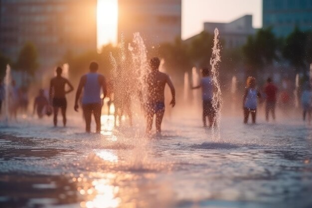 Stadsmensen koelen af met waterspetters in de fontein in extreme hittegolf