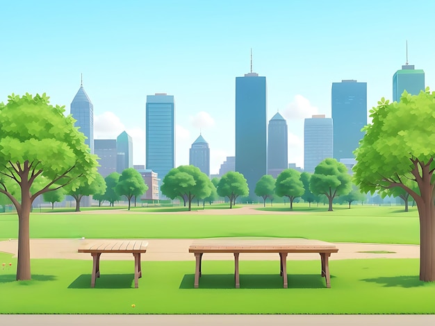 Stadspark met houten picknicktafels en banken, groene bomen, bloeiend gras en stadsgebouwen