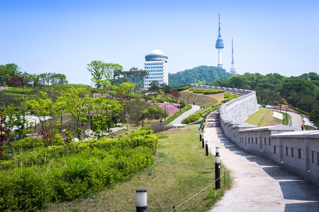 Stadspark van Seoul Met oude muur en n seoul toren achter, seoel, zuid-korea.