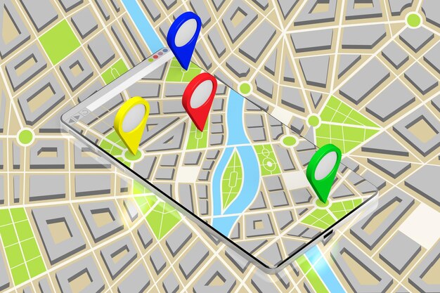 Stadsplattegrond en bestemmingspennen op een smartphone 3D illustratie