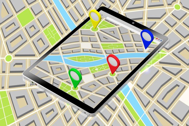 Stadsplattegrond en kleurrijke bestemmingsspelden op een tablet 3D illustratie