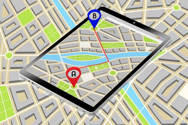 Stadsplattegrond en twee bestemmingspinnen op een tablet 3D illustratie