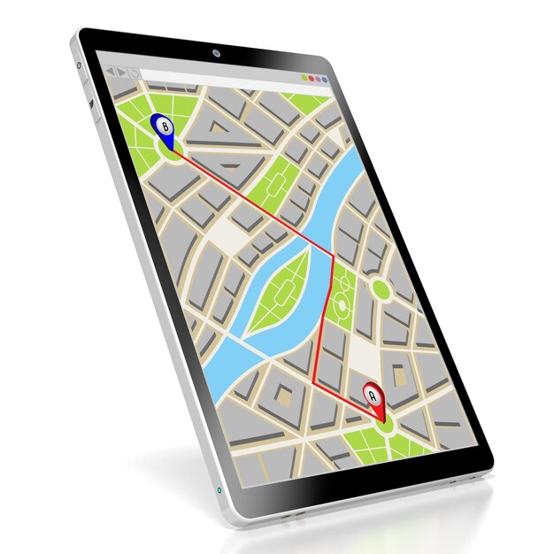 Foto stadsplattegrond met marktroute door twee pinnen op een tablet 3d illustratie