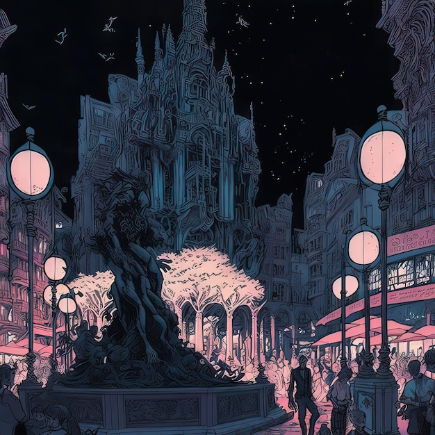 Stadsplein in de avond Digitale kunststijl illustratie schilderij