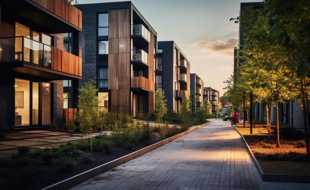 Foto stadsstraat in de avond met woongebouwen en infrastructuur