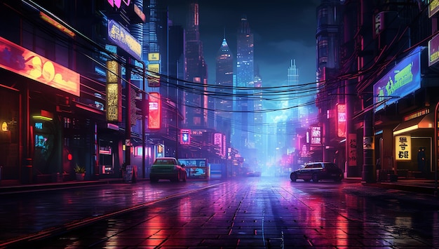 Stadsstraat met neonlichten 's nachts