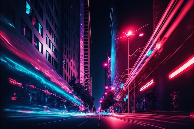 Stadsstraat 's nachts wolkenkrabbers lange blootstelling blauw Generatieve Ai