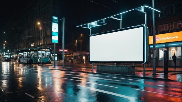 Stadstraat's nachts met bushalte en billboard