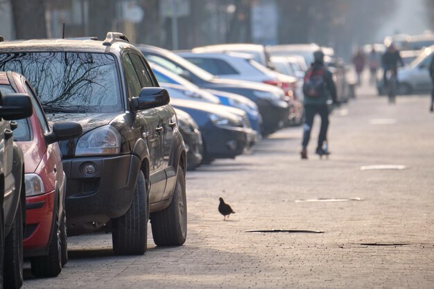 Stadsverkeer met auto's geparkeerd in de rij aan straatkant