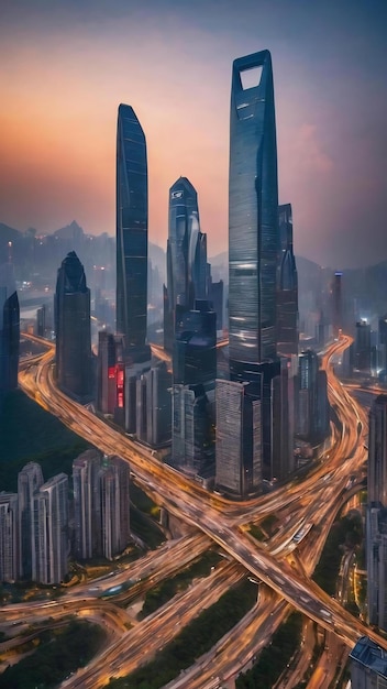 Stadswegplein en skyline van architectonisch landschap in Chongqing