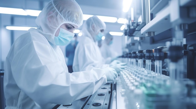 의약품 공장의 생산 라인에 있는 의료 병의 직원 검사 의약품 기계 작업 의약품 유리 병 생산 라인