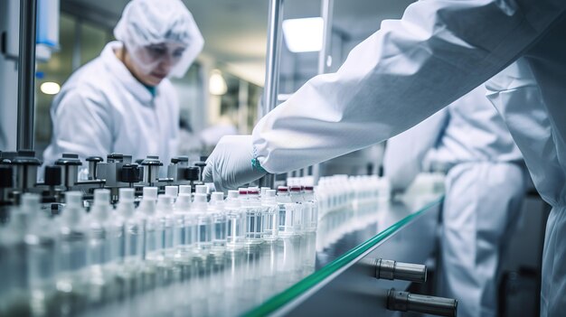 Staff check Medical vials on production line at pharmaceutical factory Pharmaceutical machine working pharmaceutical glass bottles production line