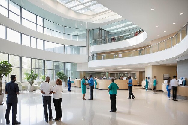 Фото Персонал в оживленном вестибюле современной больницы