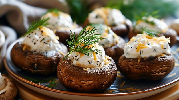 Foto funghi con formaggio d'aneto fresco e crema acida