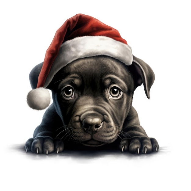 Staffordshire Bull Terrier puppy wearing Santa Hat