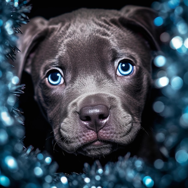 Foto staffy con gli occhi azzurri sta guardando fuori da un albero di tinsel blu