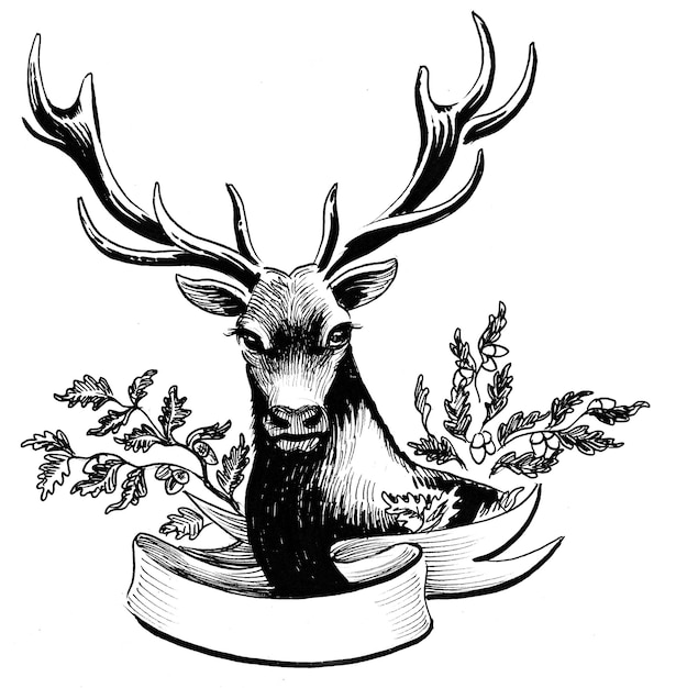 Stag deer animal. Ink black and white drawing