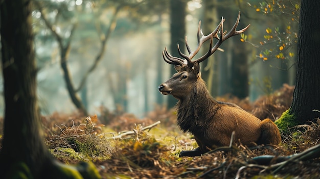 Stag resting on the forest floor in dappled sunlight