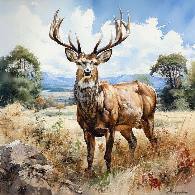 a stag standing in the grass in the style of watercolor realistic paint