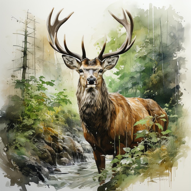 a stag standing in the grass in the style of watercolor realistic paint