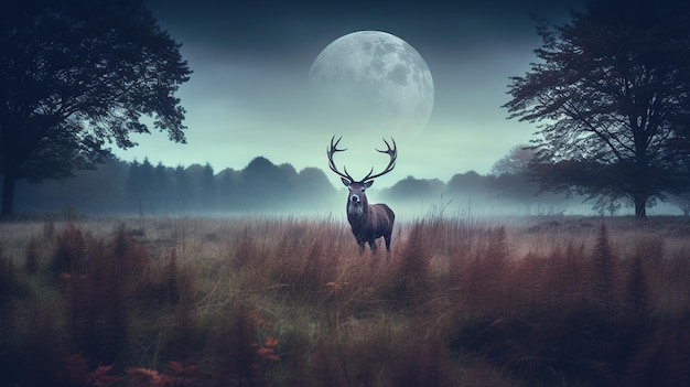 Stag stands among the meadows starry night Generative AI Generative AI