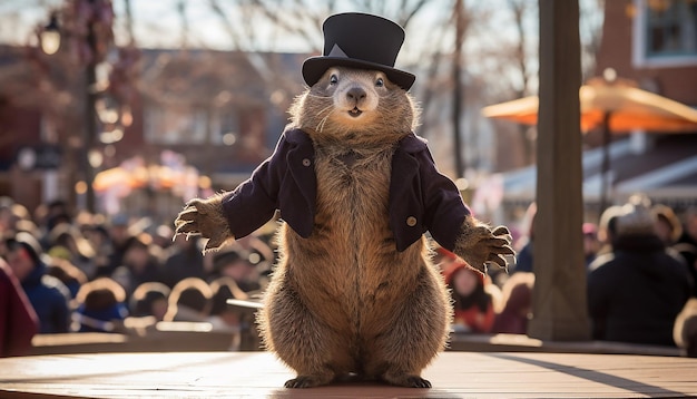 写真 groundhog dayのフェスティバルでコスチュームを着たキャラクターがgroundhogを演じる奇妙なシーンを舞台に