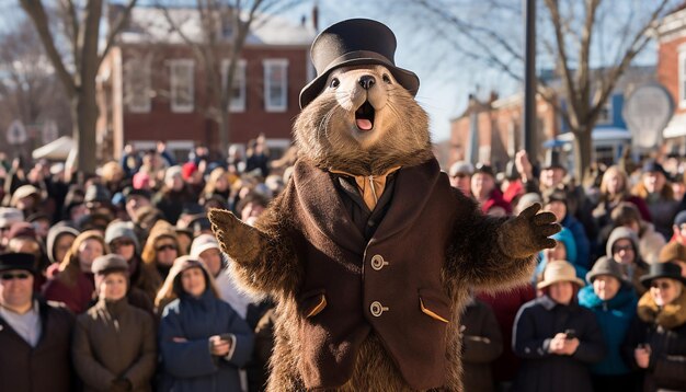 写真 groundhog dayのフェスティバルでコスチュームを着たキャラクターがgroundhogを演じる奇妙なシーンを舞台に