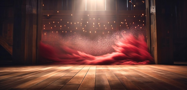 Stage backdrop with spotlights and a red curtain on wood floor