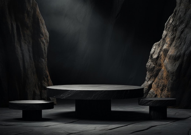 a stage in a cave with a rock formation in the background