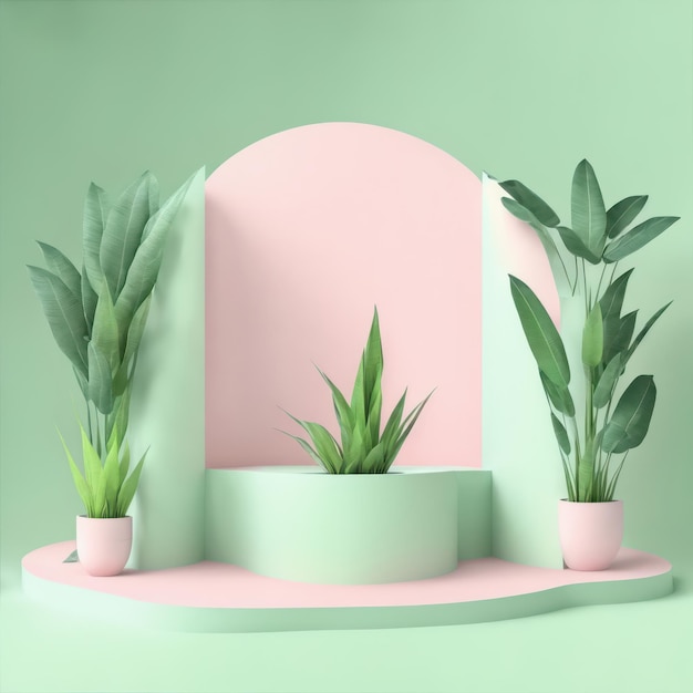 Photo stage decor podium with green pink pastel plants 3d