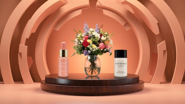 Stage for displaying products cosmetics with a round wooden podium and a glass vase with a bouquet