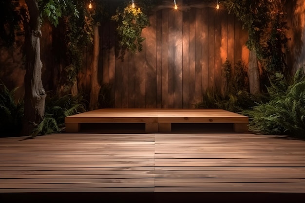 A stage in a garden with a wooden fence and plants