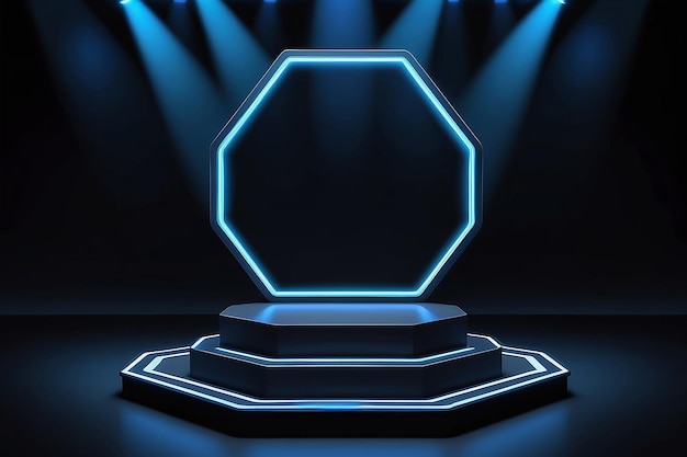 Stage hexagonal digital black podium with neon ring and lighting Stage Podium Scene with for Award Ceremony on blue Background