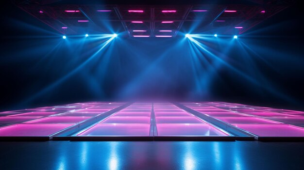 Stage illuminated by blue and pink spotlights