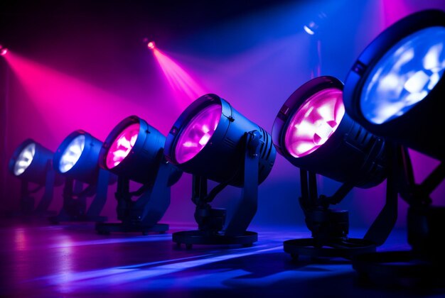 A stage illuminated by bright and colorful spotlights captured in the roller wave style featuring dark pink and light amber hues