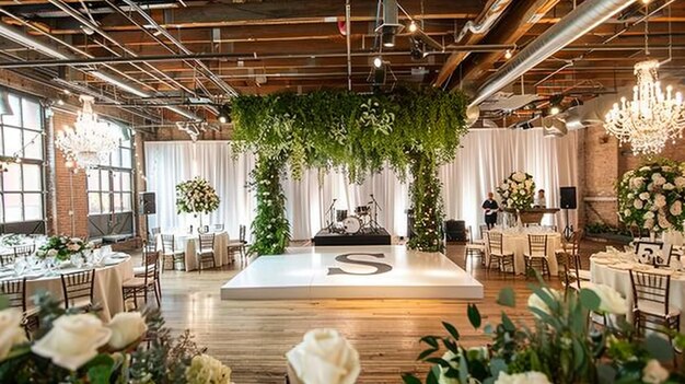 Photo the stage is decorated with greenery and flowers