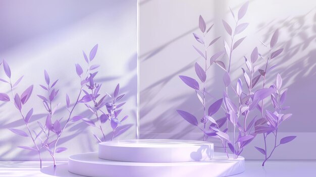 The stage is white with ethereal tea tree leaves and a glass divider wall which creates a beautiful 3 dimensional light lavender purple scene