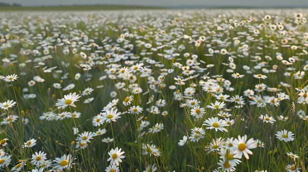 Foto paesaggio di scena prato con un campo di margherite vuoto di fiori