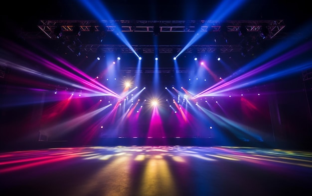 Stage lights on concert lighting equipment with multicolored beams