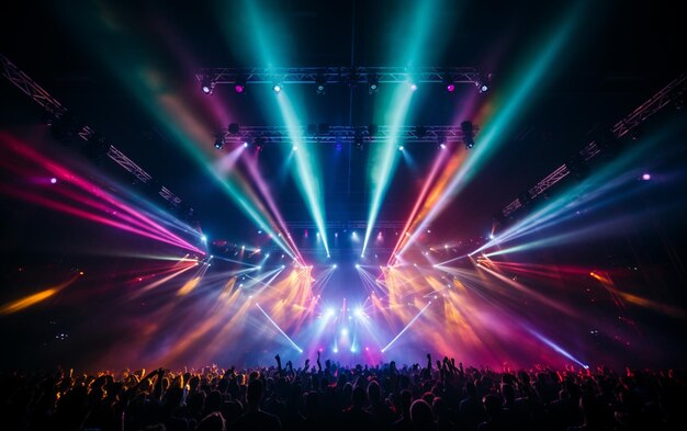 Stage lights on concert lighting equipment with multicolored beams