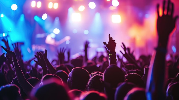 Stage lights and crowd of audience with hands raised at a music festival