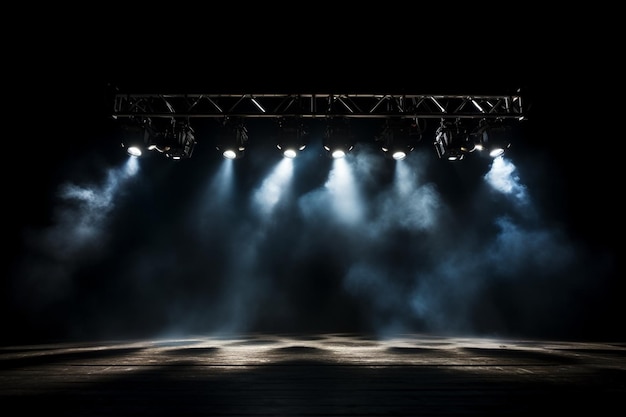 Stage lights spotlight beams with smoke on black background
