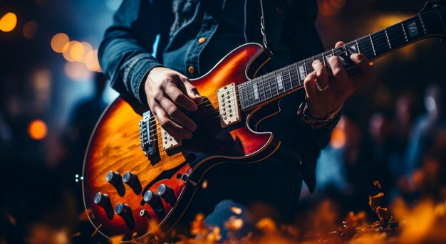 Stage met muzikant die een elektrische gitaar speelt Een persoon die een gitaar speelt in een donkere kamer