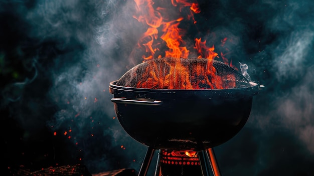 Photo stage for outdoor cooking with fired barbecue on a black background