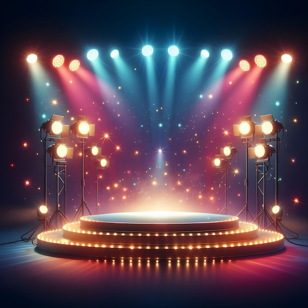 Stage podium met verlichting Stage podium scène met voor de prijsuitreiking op blauwe achtergrond