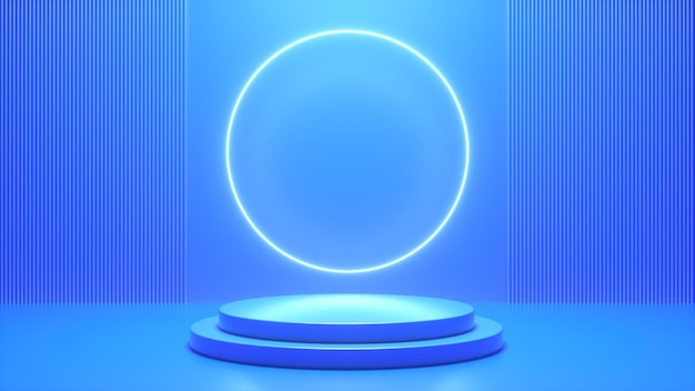 Stage or podium pedestal with blue neon round light product background Premium Photo