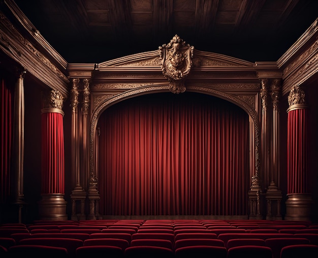 Stage podium for presentation in theater style with curtains and columns