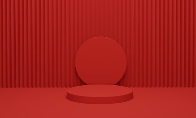 Stage podium on red velvet curtain background for products display. Modern red podium with geometric background. 3d render illustration.