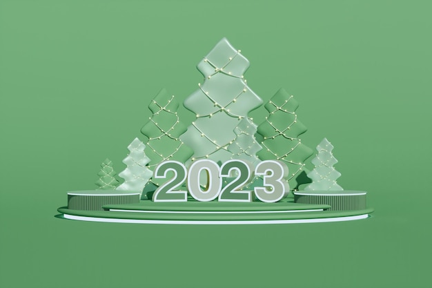 在綠色背景上裝飾聖誕節的舞台舞臺. 3D數字 2023 年新年快樂.